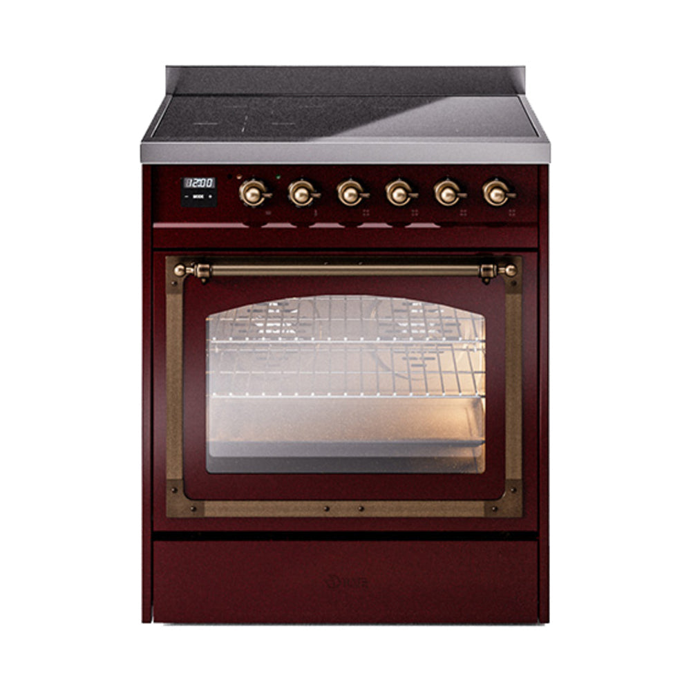 ILVE Nostalgie II Noblesse 30-Inch Induction Range, Triple Glass Door Oven, Burgundy with Burnished Bronze Trim (UNI304NMPBUB)