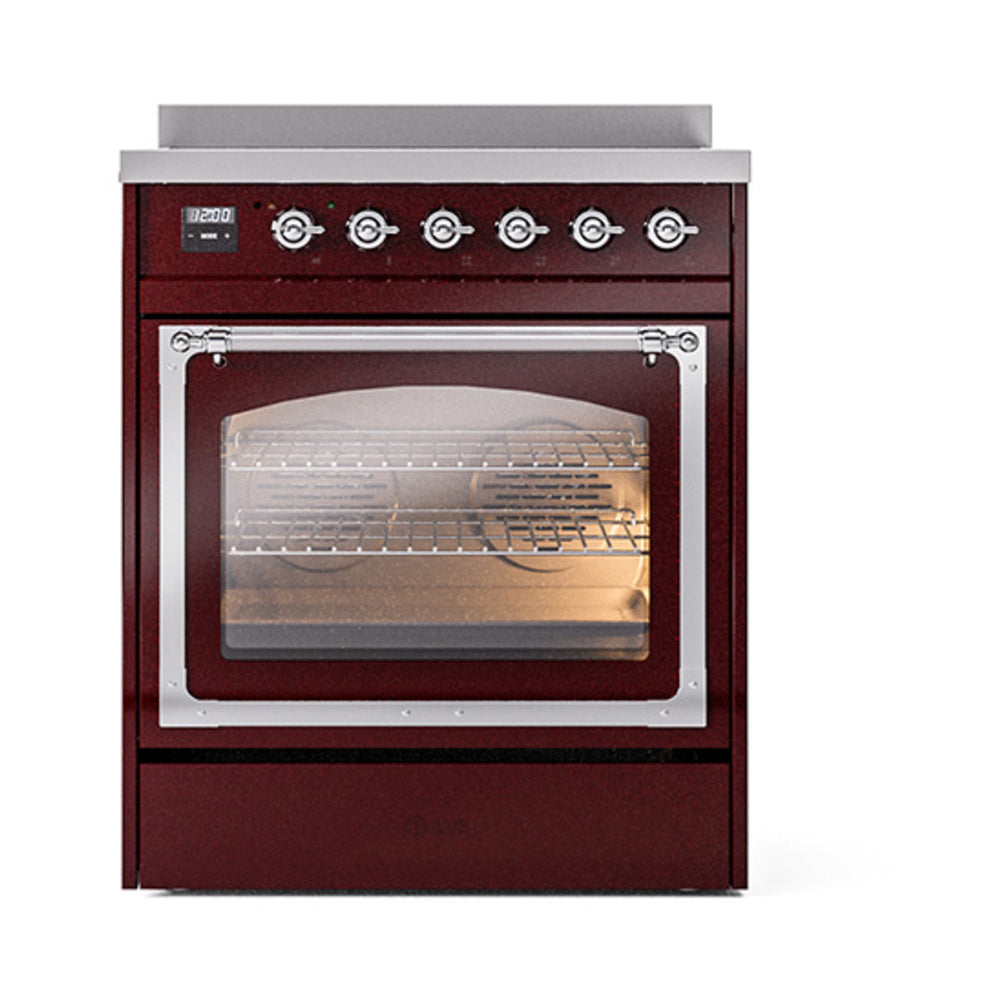 ILVE Nostalgie II Noblesse 30-Inch Induction Range, Triple Glass Door Oven, Burgundy with Chrome Trim (UNI304NMPBUC)