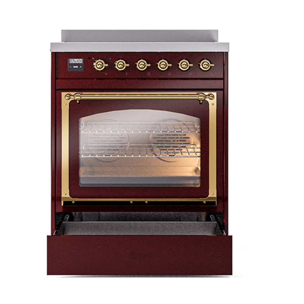 ILVE Nostalgie II Noblesse 30-Inch Induction Range, Triple Glass Door Oven, Burgundy with Brass Trim (UNI304NMPBUG)