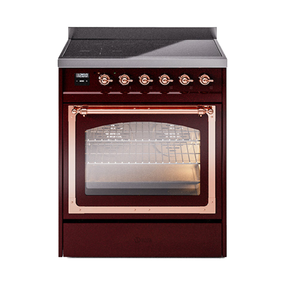 ILVE Nostalgie II Noblesse 30-Inch Induction Range, Triple Glass Door Oven, Burgundy with Copper Trim (UNI304NMPBUP)