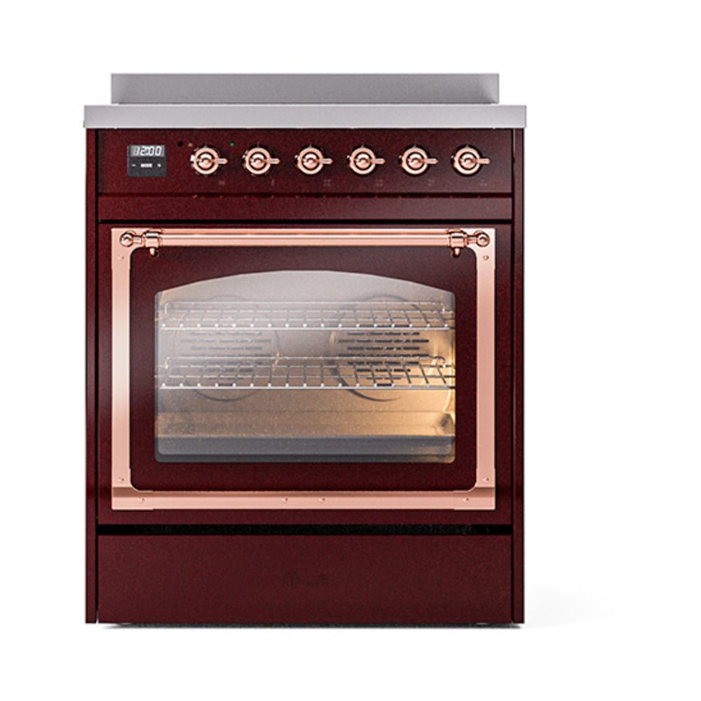 ILVE Nostalgie II Noblesse 30-Inch Induction Range, Triple Glass Door Oven, Burgundy with Copper Trim (UNI304NMPBUP)
