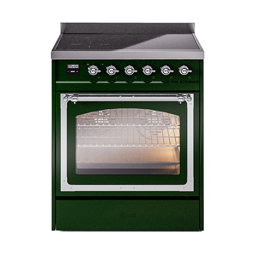ILVE Nostalgie II Noblesse 30-Inch Induction Range, Triple Glass Door Oven, Emerald Green with Chrome Trim (UNI304NMPEGC)