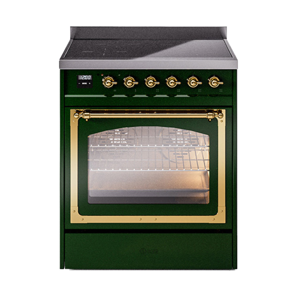 ILVE Nostalgie II Noblesse 30-Inch Induction Range, Triple Glass Door Oven, Emerald Green with Brass Trim (UNI304NMPEGG)