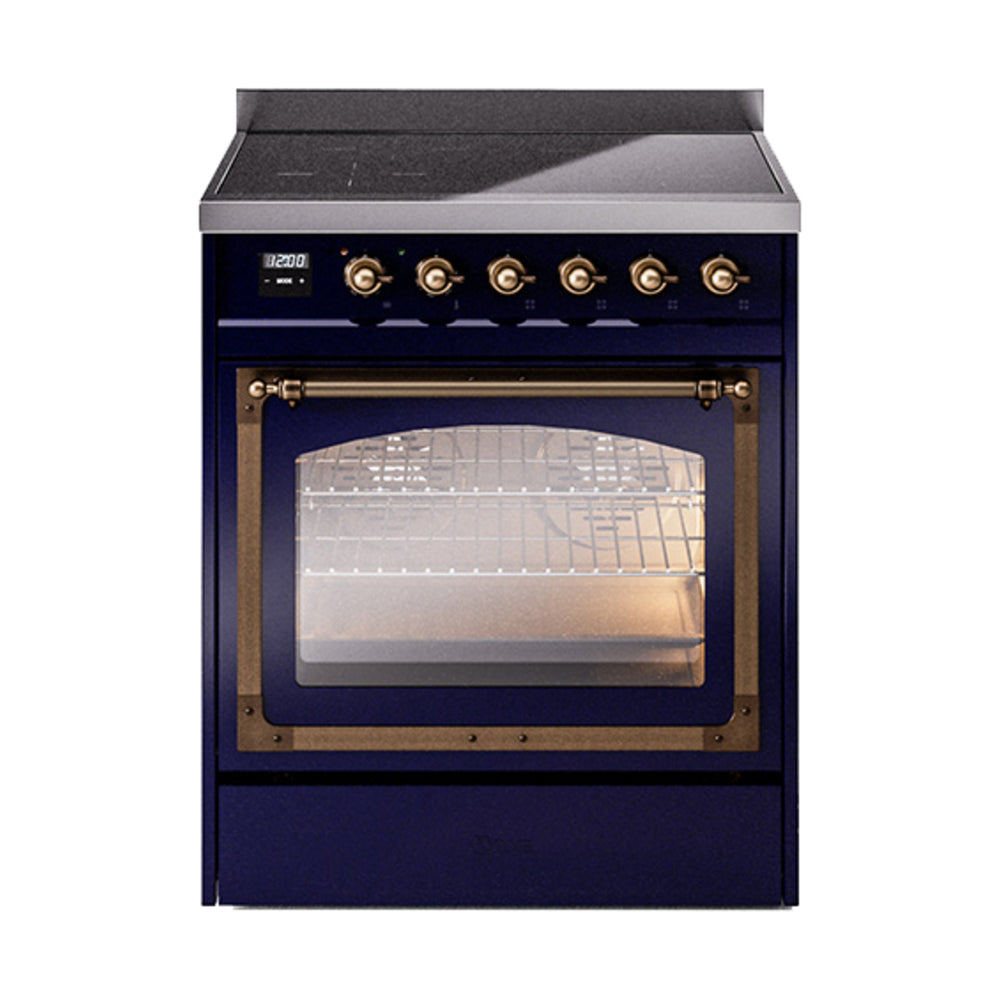 ILVE Nostalgie II Noblesse 30-Inch Induction Range, Triple Glass Door Oven, Midnight Blue with Burnished Bronze Trim (UNI304NMPMBB)
