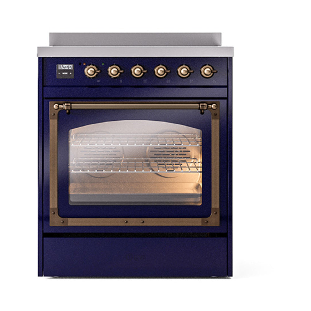 ILVE Nostalgie II Noblesse 30-Inch Induction Range, Triple Glass Door Oven, Midnight Blue with Burnished Bronze Trim (UNI304NMPMBB)