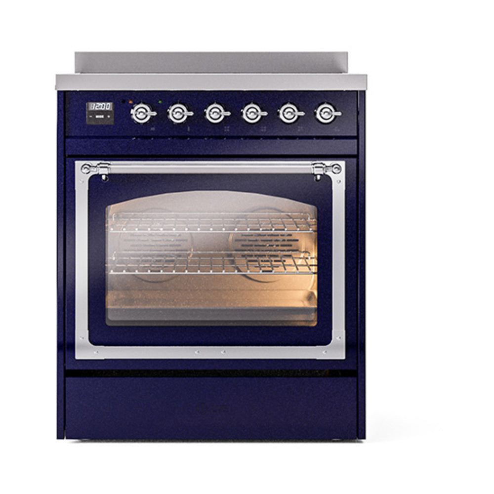 ILVE Nostalgie II Noblesse 30-Inch Induction Range, Triple Glass Door Oven, Midnight Blue with Chrome Trim (UNI304NMPMBC)
