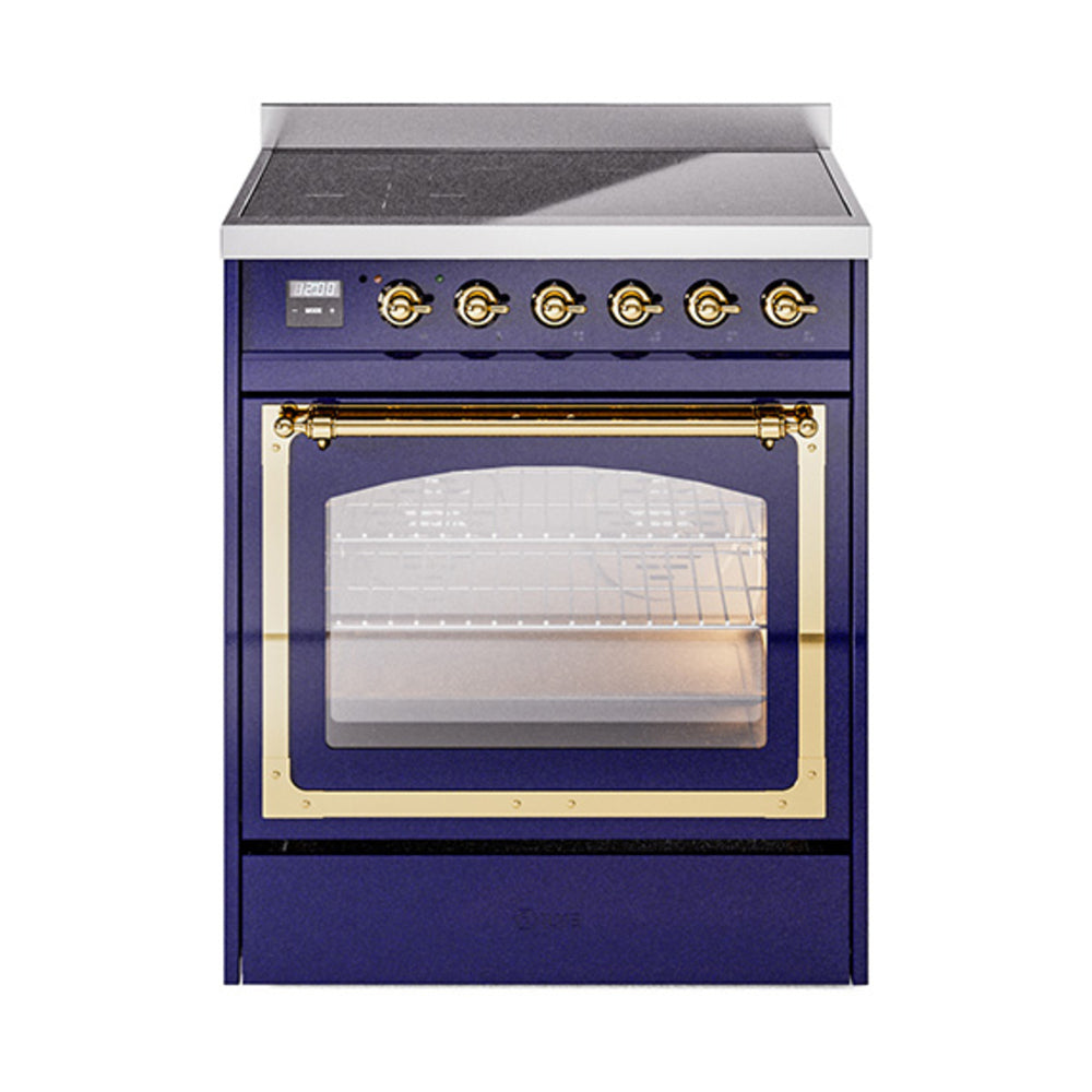 ILVE Nostalgie II Noblesse 30-Inch Induction Range, Triple Glass Door Oven, Midnight Blue with Brass Trim (UNI304NMPMBG)