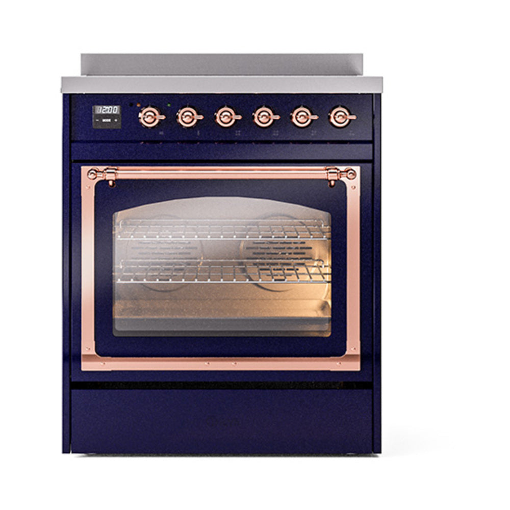ILVE Nostalgie II Noblesse 30-Inch Induction Range, Triple Glass Door Oven, Midnight Blue with Copper Trim (UNI304NMPMBP)