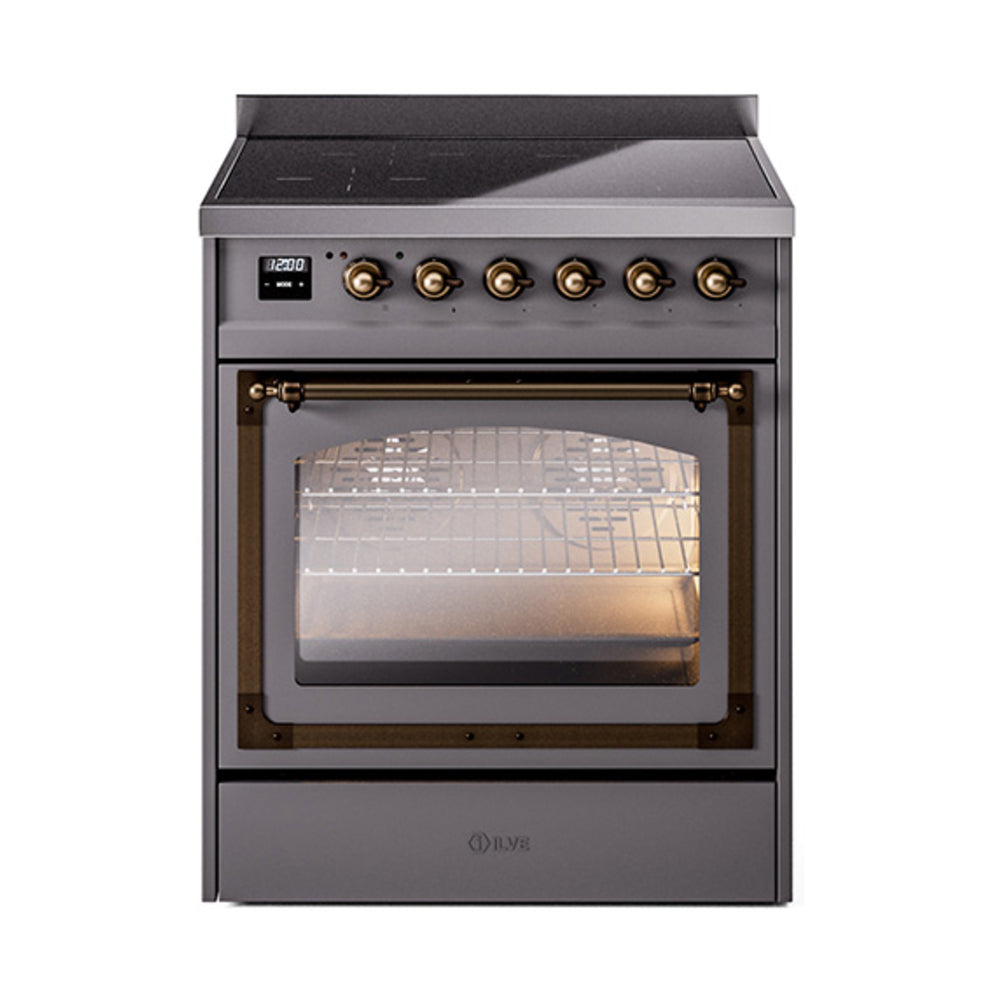 ILVE Nostalgie II Noblesse 30-Inch Induction Range, Triple Glass Door Oven, Matte Graphite with Burnished Bronze Trim (UNI304NMPMGB)
