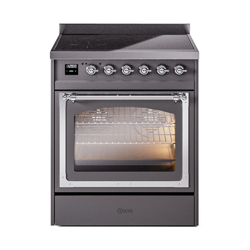 ILVE Nostalgie II Noblesse 30-Inch Induction Range, Triple Glass Door Oven, Matte Graphite with Chrome Trim (UNI304NMPMGC)