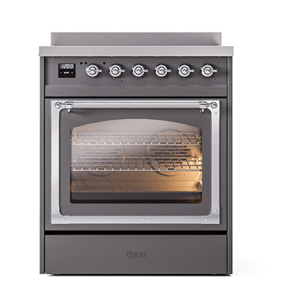 ILVE Nostalgie II Noblesse 30-Inch Induction Range, Triple Glass Door Oven, Matte Graphite with Chrome Trim (UNI304NMPMGC)