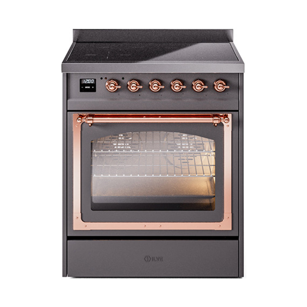 ILVE Nostalgie II Noblesse 30-Inch Induction Range, Triple Glass Door Oven, Matte Graphite with Copper Trim (UNI304NMPMGP)