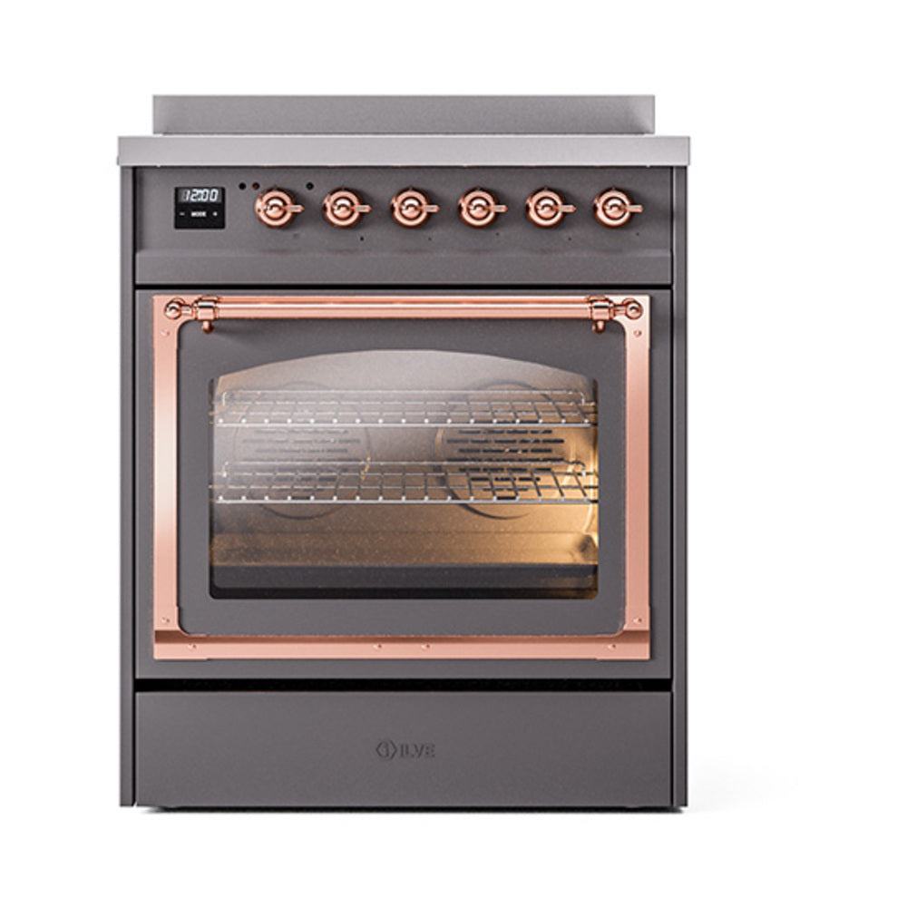 ILVE Nostalgie II Noblesse 30-Inch Induction Range, Triple Glass Door Oven, Matte Graphite with Copper Trim (UNI304NMPMGP)