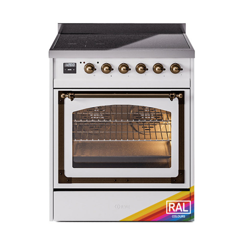ILVE Nostalgie II Noblesse 30-Inch Induction Range, Triple Glass Door Oven, Custom RAL with Burnished Bronze Trim (UNI304NMPRAB)