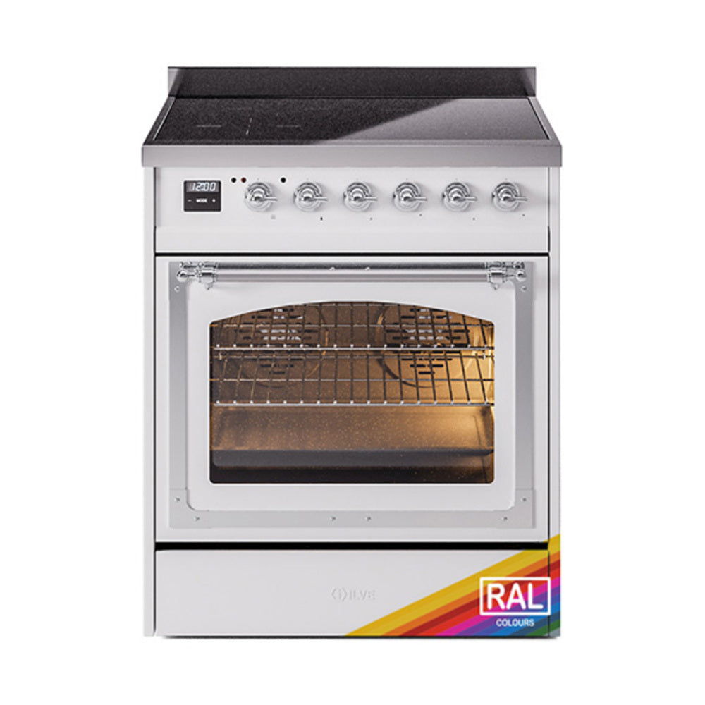 ILVE Nostalgie II Noblesse 30-Inch Induction Range, Triple Glass Door Oven, Custom RAL with Chrome Trim (UNI304NMPRAC)