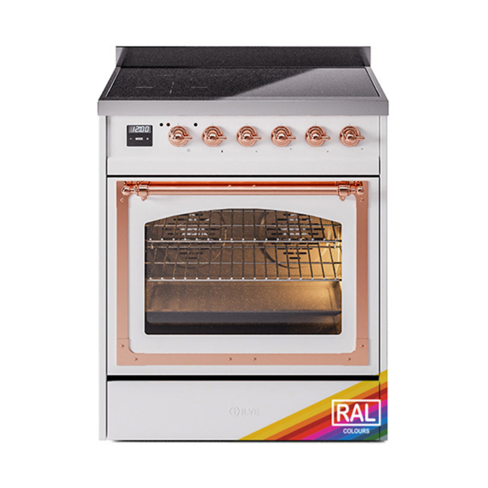 ILVE Nostalgie II Noblesse 30-Inch Induction Range, Triple Glass Door Oven, Custom RAL with Copper Trim (UNI304NMPRAP)