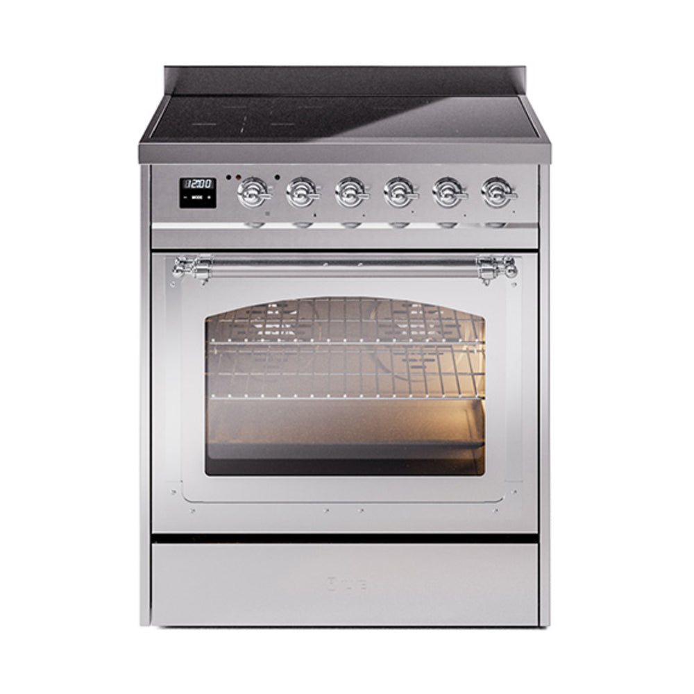ILVE Nostalgie II Noblesse 30-Inch Induction Range, Triple Glass Door Oven, Stainless Steel with Chrome Trim (UNI304NMPSSC)