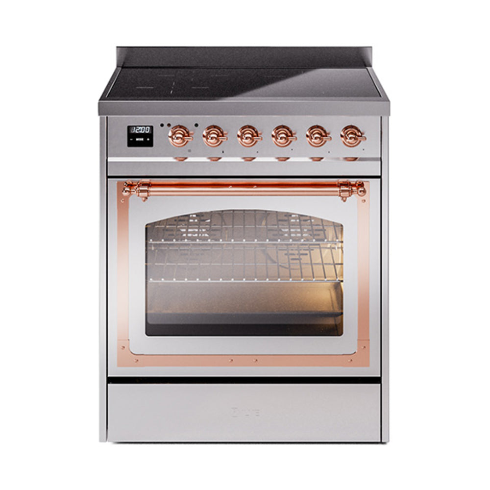 ILVE Nostalgie II Noblesse 30-Inch Induction Range, Triple Glass Door Oven, Stainless Steel with Copper Trim (UNI304NMPSSP)