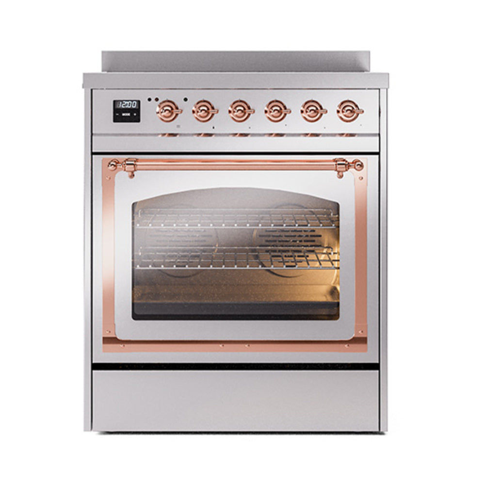 ILVE Nostalgie II Noblesse 30-Inch Induction Range, Triple Glass Door Oven, Stainless Steel with Copper Trim (UNI304NMPSSP)