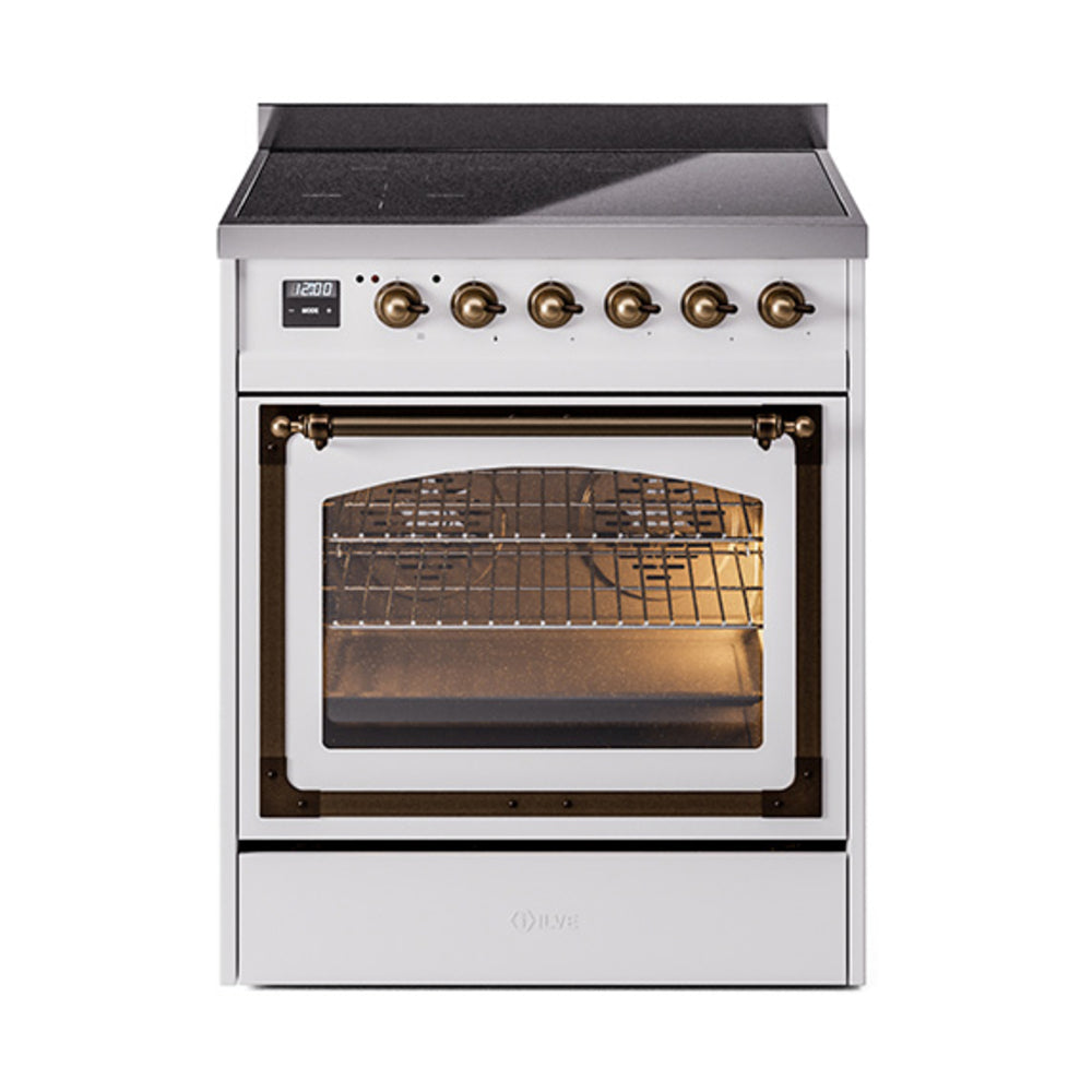 ILVE Nostalgie II Noblesse 30-Inch Induction Range, Triple Glass Door Oven, White with Burnished Bronze Trim (UNI304NMPWHB)
