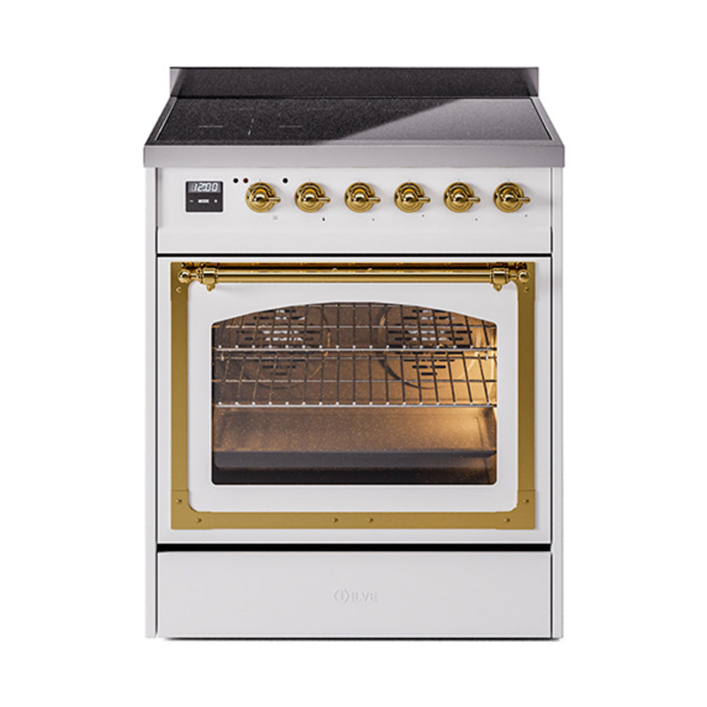 ILVE Nostalgie II Noblesse 30-Inch Induction Range, Triple Glass Door Oven, White with Brass Trim (UNI304NMPWHG)