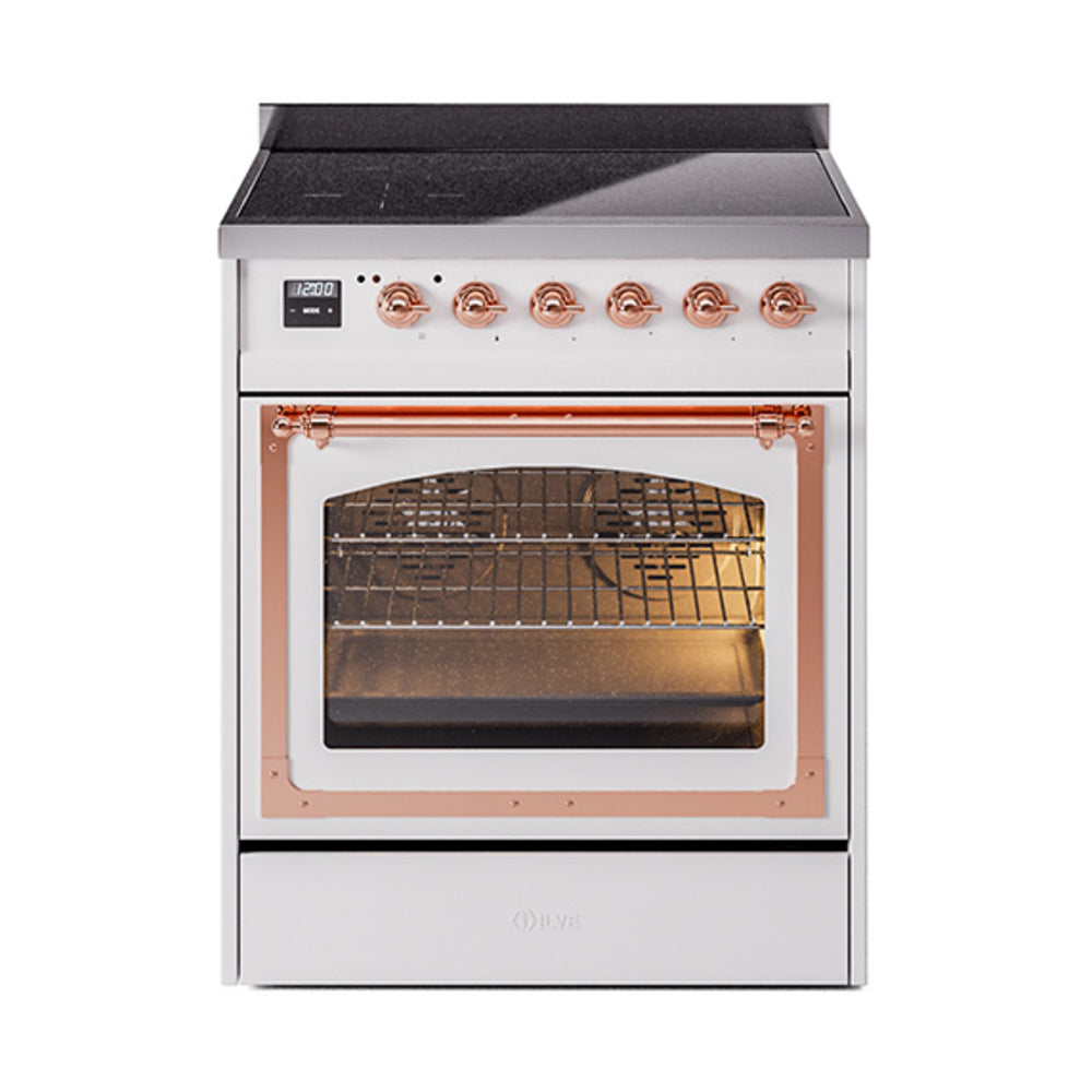 ILVE Nostalgie II Noblesse 30-Inch Induction Range, Triple Glass Door Oven, White with Copper Trim (UNI304NMPWHP)