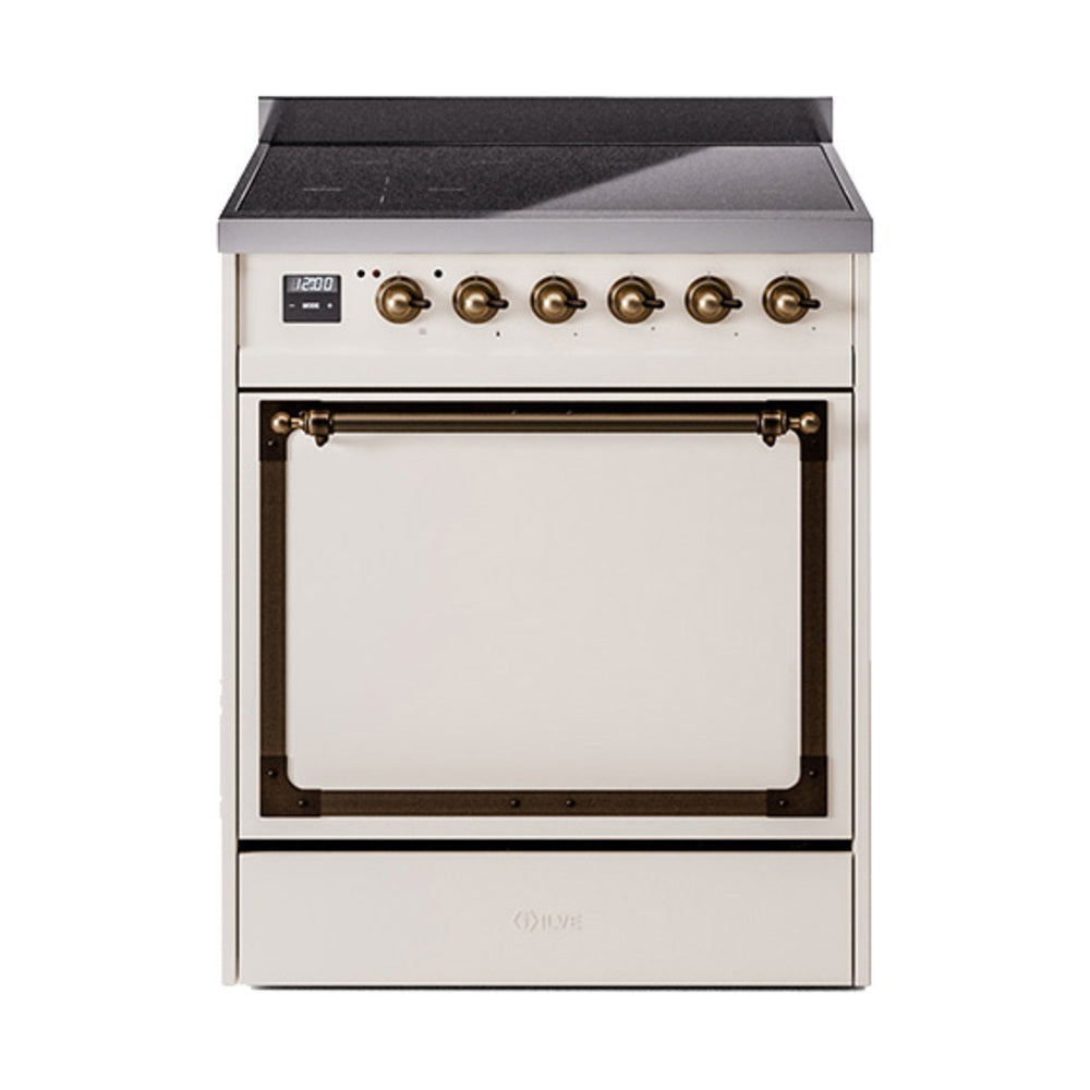 ILVE Nostalgie II Noblesse 30-Inch Induction Range, Solid Door Oven, Antique White with Burnished Bronze Trim (UNI304QNMPAWB)