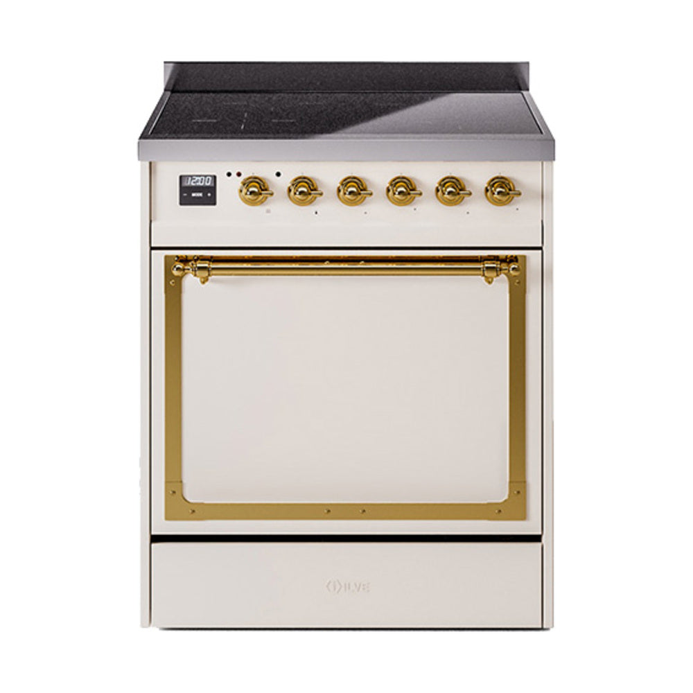 ILVE Nostalgie II Noblesse 30-Inch Induction Range, Solid Door Oven, Antique White with Brass Trim (UNI304QNMPAWG)