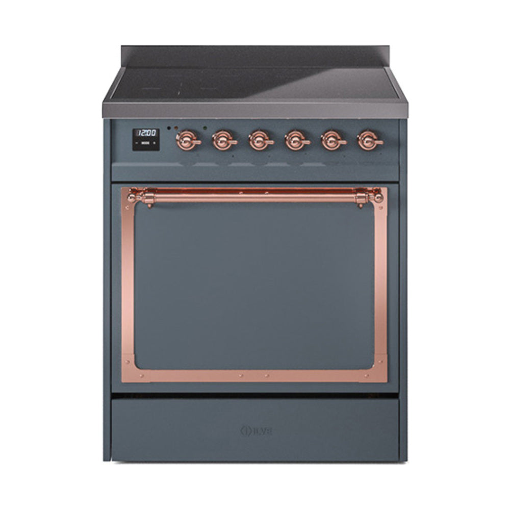 ILVE Nostalgie II Noblesse 30-Inch Induction Range, Solid Door Oven, Blue Grey with Copper Trim (UNI304QNMPBGP)