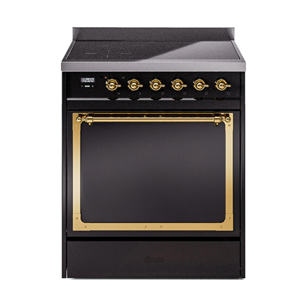 ILVE Nostalgie II Noblesse 30-Inch Induction Range, Solid Door Oven, Glossy Black with Brass Trim (UNI304QNMPBKG)