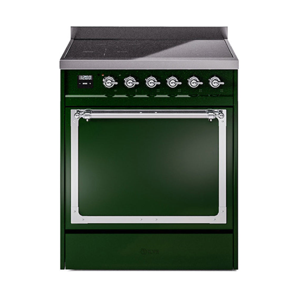 ILVE Nostalgie II Noblesse 30-Inch Induction Range, Solid Door Oven, Emerald Green with Chrome Trim (UNI304QNMPEGC)