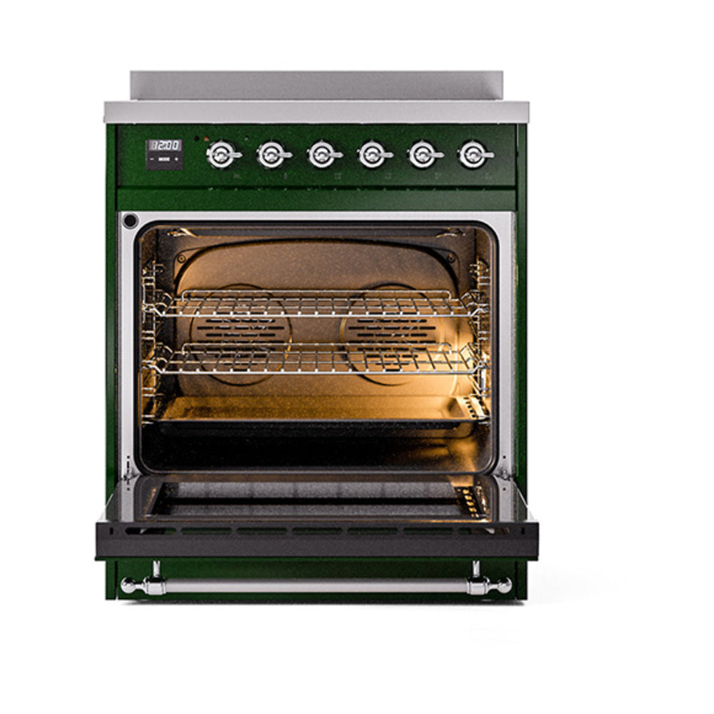 ILVE Nostalgie II Noblesse 30-Inch Induction Range, Solid Door Oven, Emerald Green with Chrome Trim (UNI304QNMPEGC)