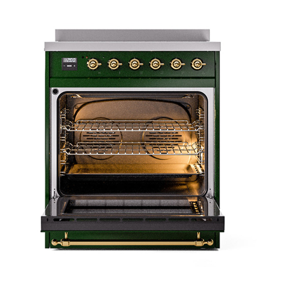 ILVE Nostalgie II Noblesse 30-Inch Induction Range, Solid Door Oven, Emerald Green with Brass Trim (UNI304QNMPEGG)