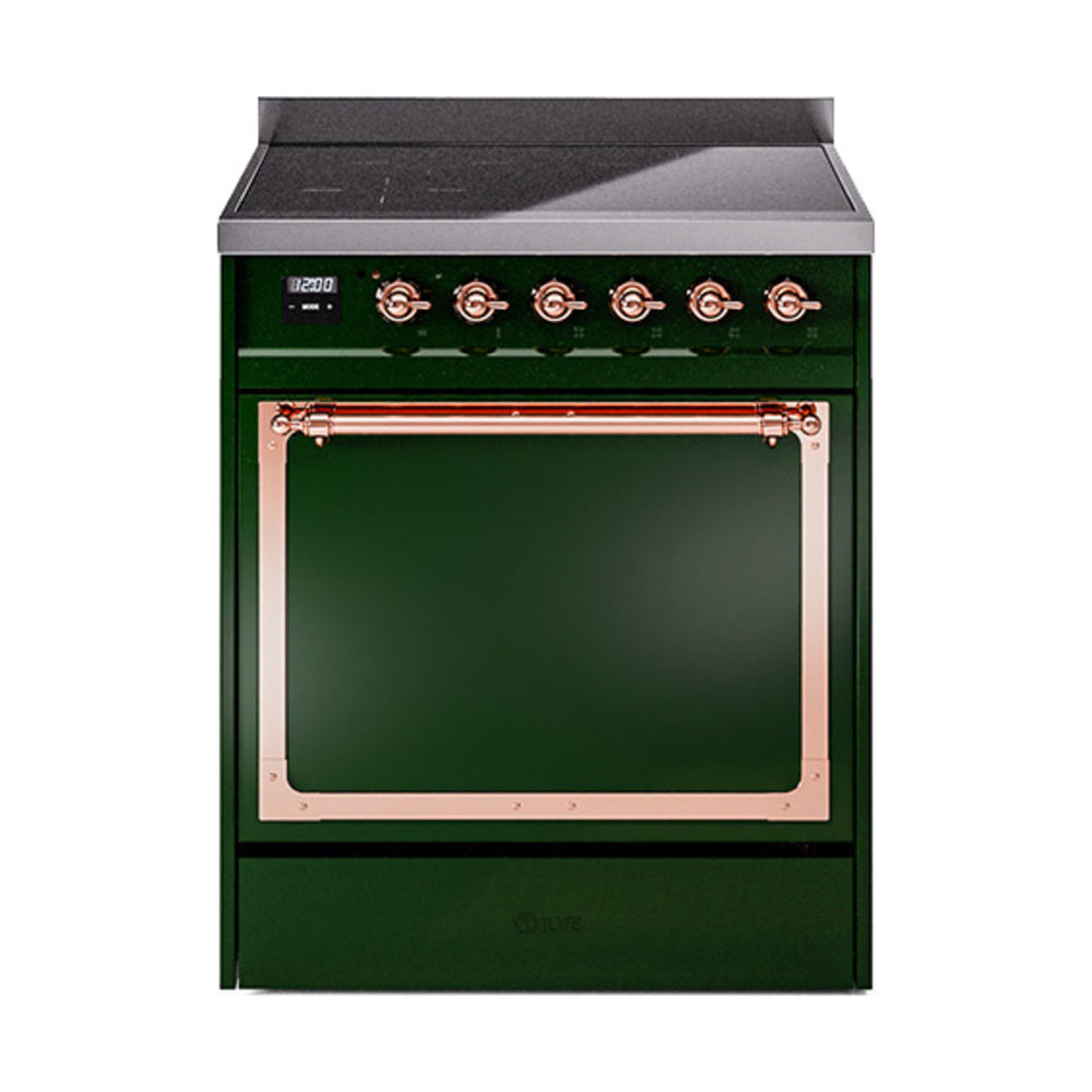 ILVE Nostalgie II Noblesse 30-Inch Induction Range, Solid Door Oven, Emerald Green with Copper Trim (UNI304QNMPEGP)