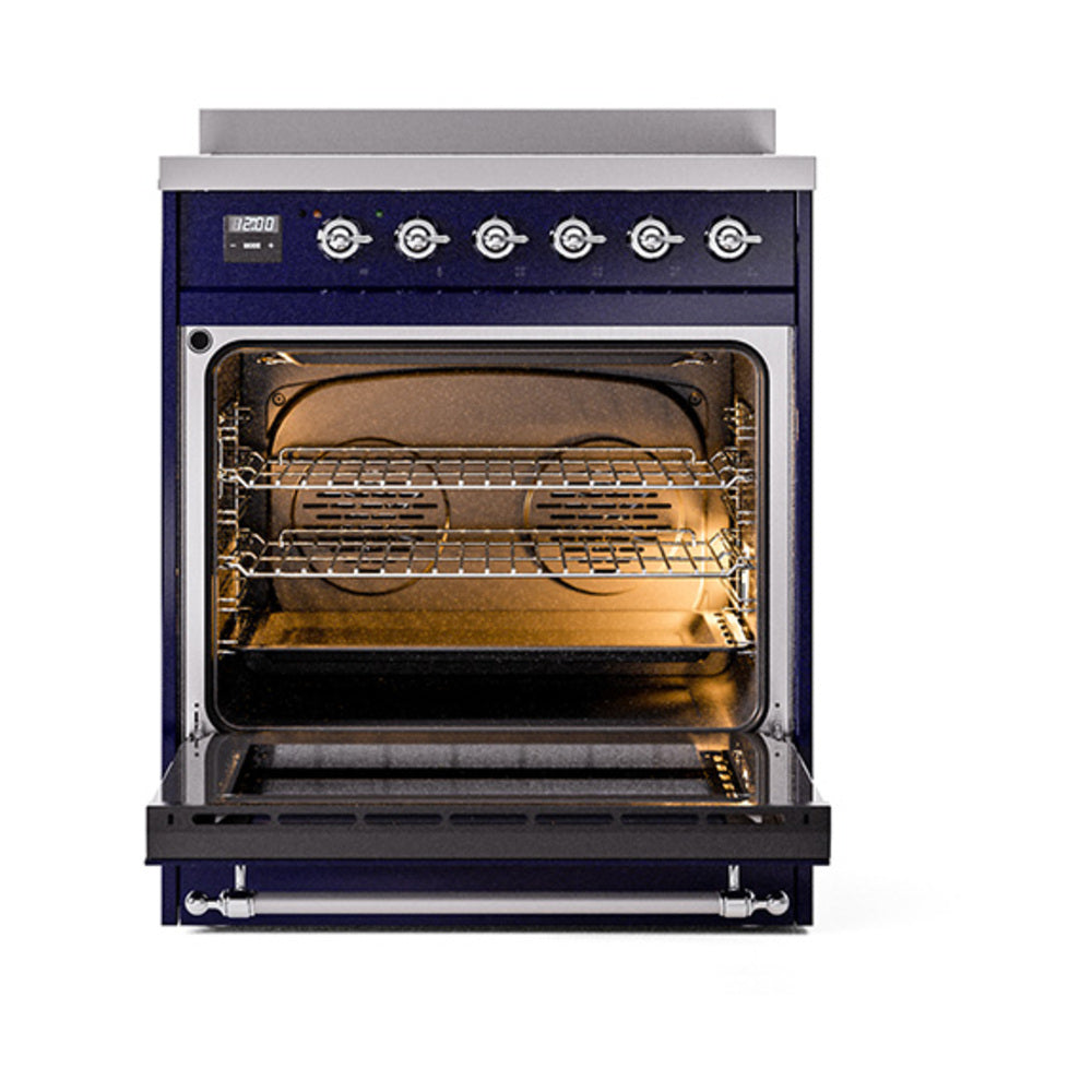 ILVE Nostalgie II Noblesse 30-Inch Induction Range, Solid Door Oven, Midnight Blue with Chrome Trim (UNI304QNMPMBC)