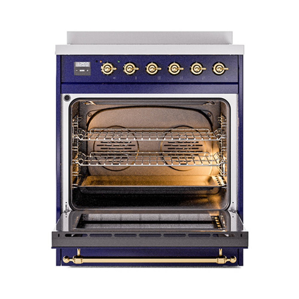 ILVE Nostalgie II Noblesse 30-Inch Induction Range, Solid Door Oven, Midnight Blue with Brass Trim (UNI304QNMPMBG)