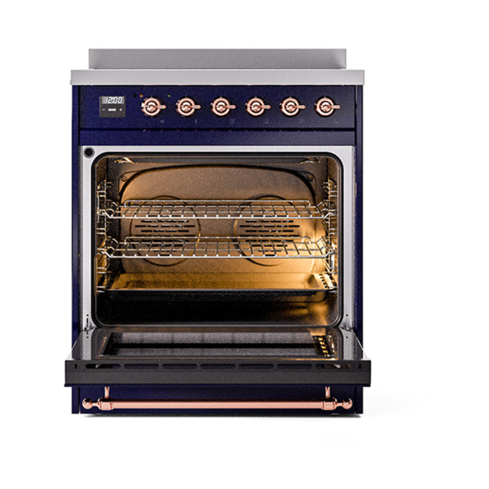 ILVE Nostalgie II Noblesse 30-Inch Induction Range, Solid Door Oven, Midnight Blue with Copper Trim (UNI304QNMPMBP)