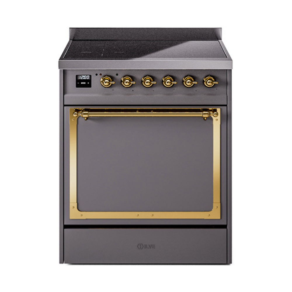 ILVE Nostalgie II Noblesse 30-Inch Induction Range, Solid Door Oven, Matte Graphite with Brass Trim (UNI304QNMPMGG)