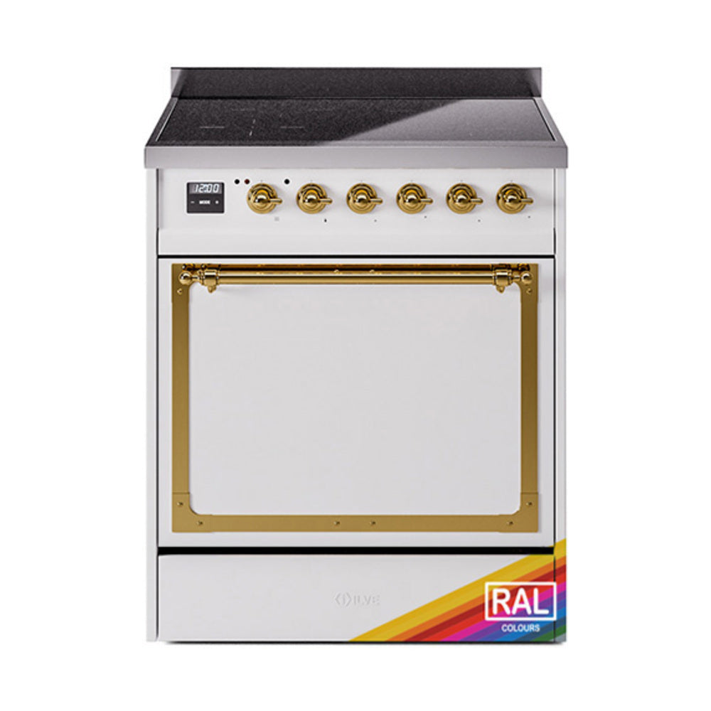 ILVE Nostalgie II Noblesse 30-Inch Induction Range, Solid Door Oven, Custom RAL with Brass Trim (UNI304QNMPRAG)