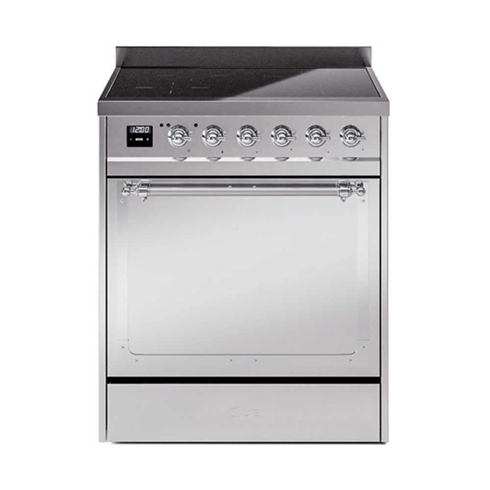 ILVE Nostalgie II Noblesse 30-Inch Induction Range, Solid Door Oven, Stainless Steel with Chrome Trim (UNI304QNMPSSC)