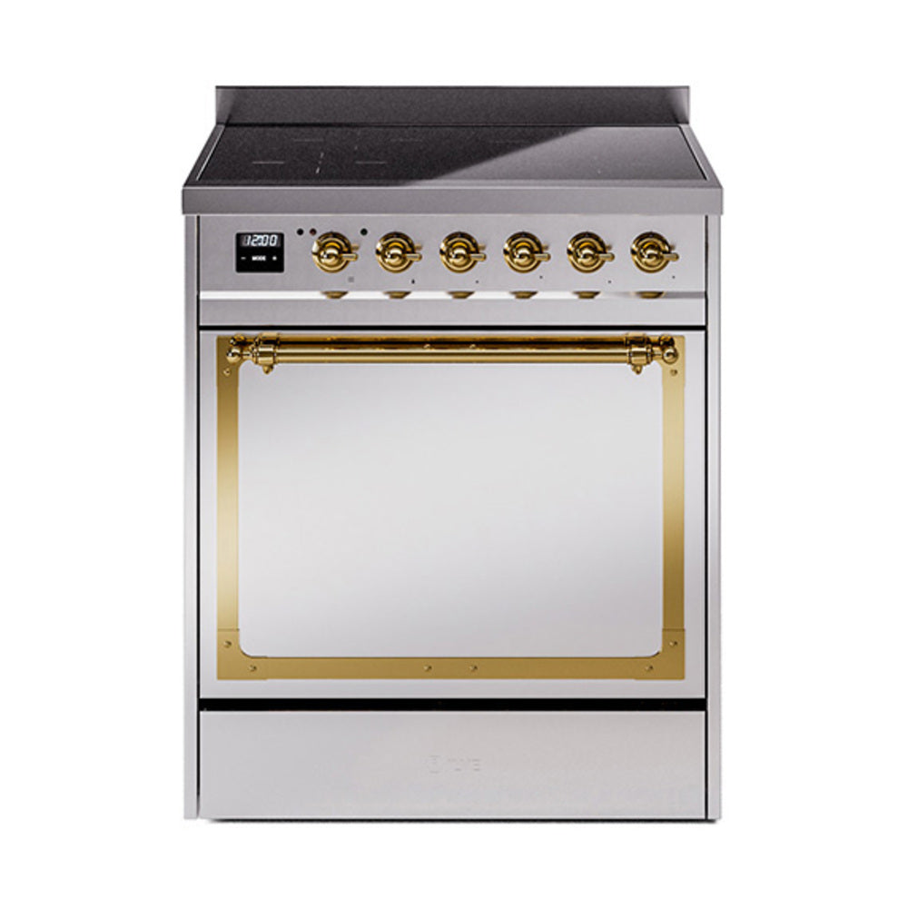 ILVE Nostalgie II Noblesse 30-Inch Induction Range, Solid Door Oven, Stainless Steel with Brass Trim (UNI304QNMPSSG)