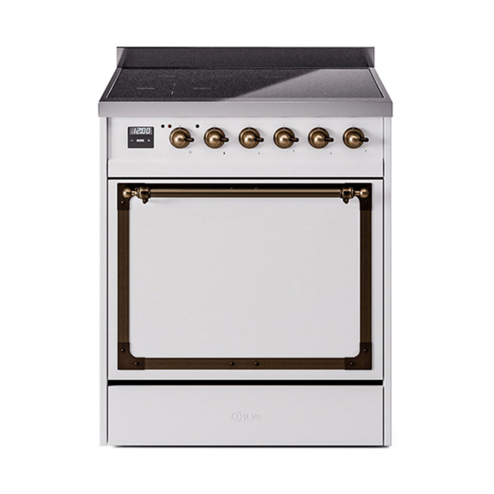 ILVE Nostalgie II Noblesse 30-Inch Induction Range, Solid Door Oven, White with Burnished Bronze Trim (UNI304QNMPWHB)