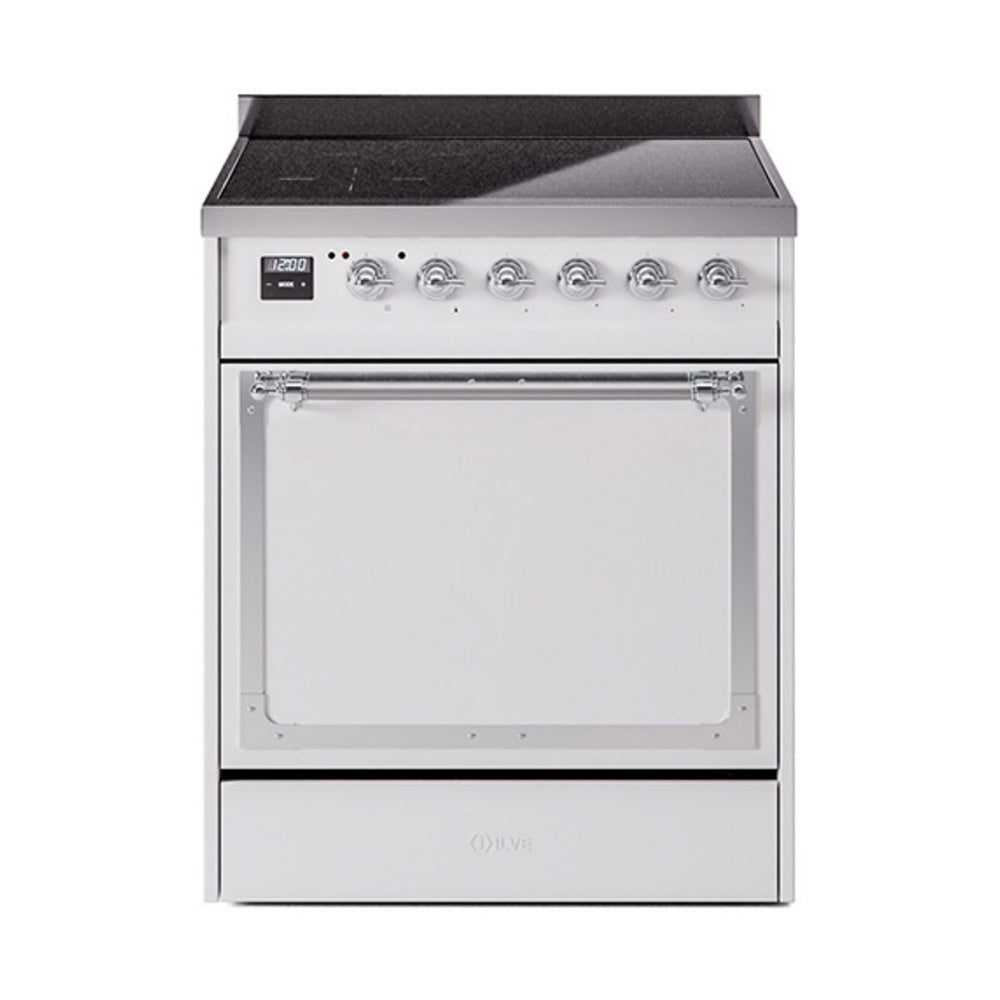 ILVE Nostalgie II Noblesse 30-Inch Induction Range, Solid Door Oven, White with Chrome Trim (UNI304QNMPWHC)