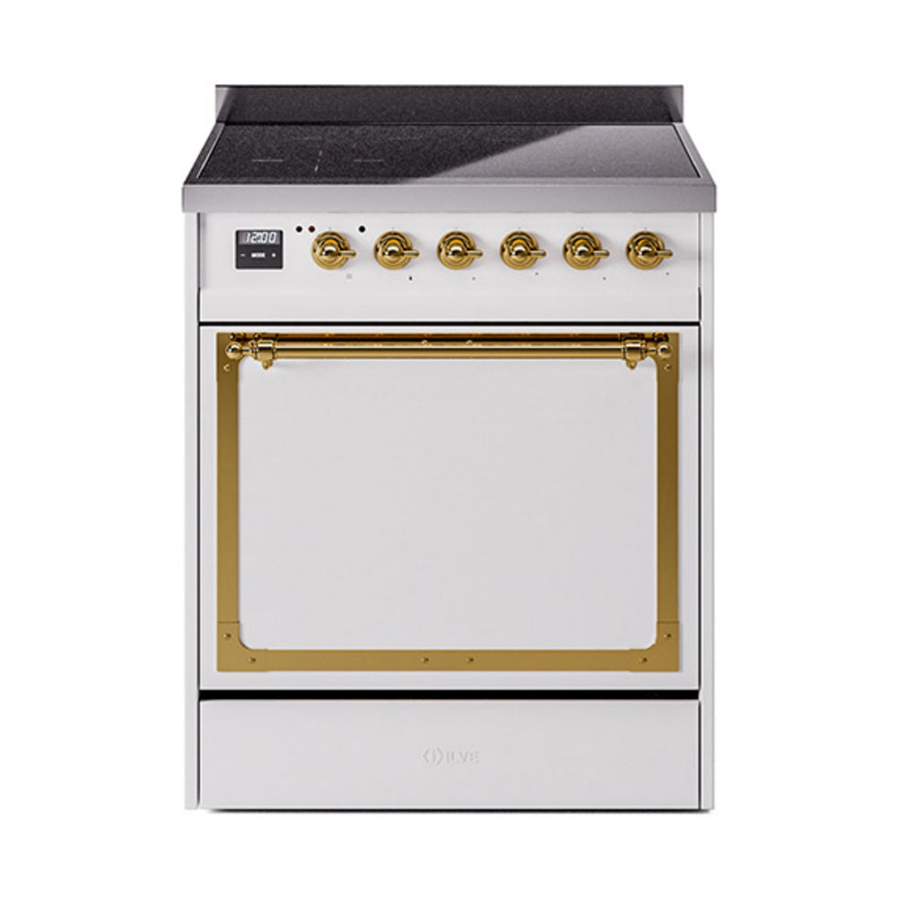 ILVE Nostalgie II Noblesse 30-Inch Induction Range, Solid Door Oven, White with Brass Trim (UNI304QNMPWHG)