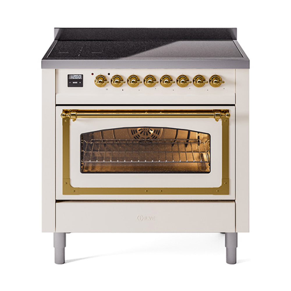 ILVE Nostalgie II Noblesse 36-Inch Induction Range, Triple Glass Door Oven, Antique White with Brass Trim (UNI366NMPAWG)