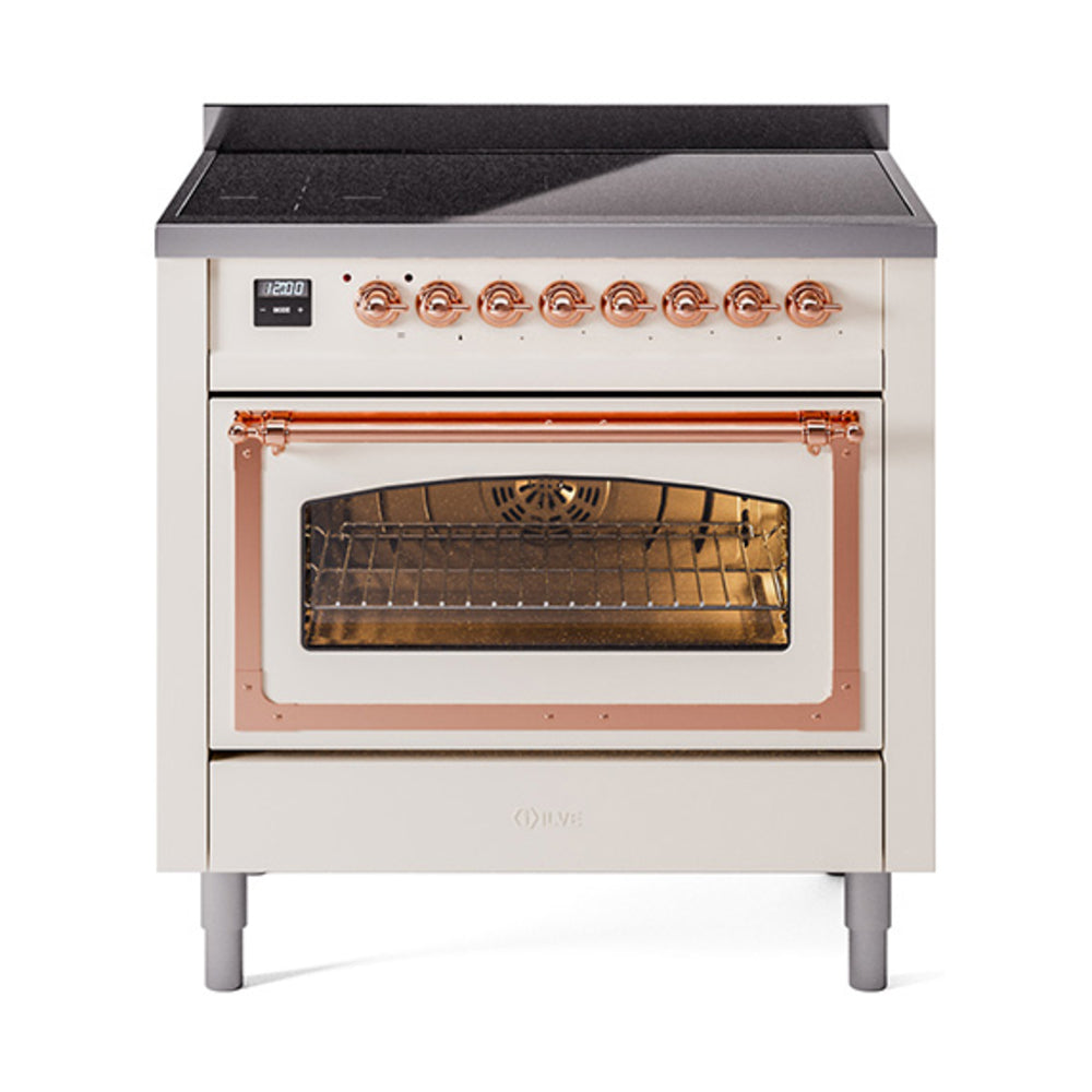 ILVE Nostalgie II Noblesse 36-Inch Induction Range, Triple Glass Door Oven, Antique White with Copper Trim (UNI366NMPAWP)