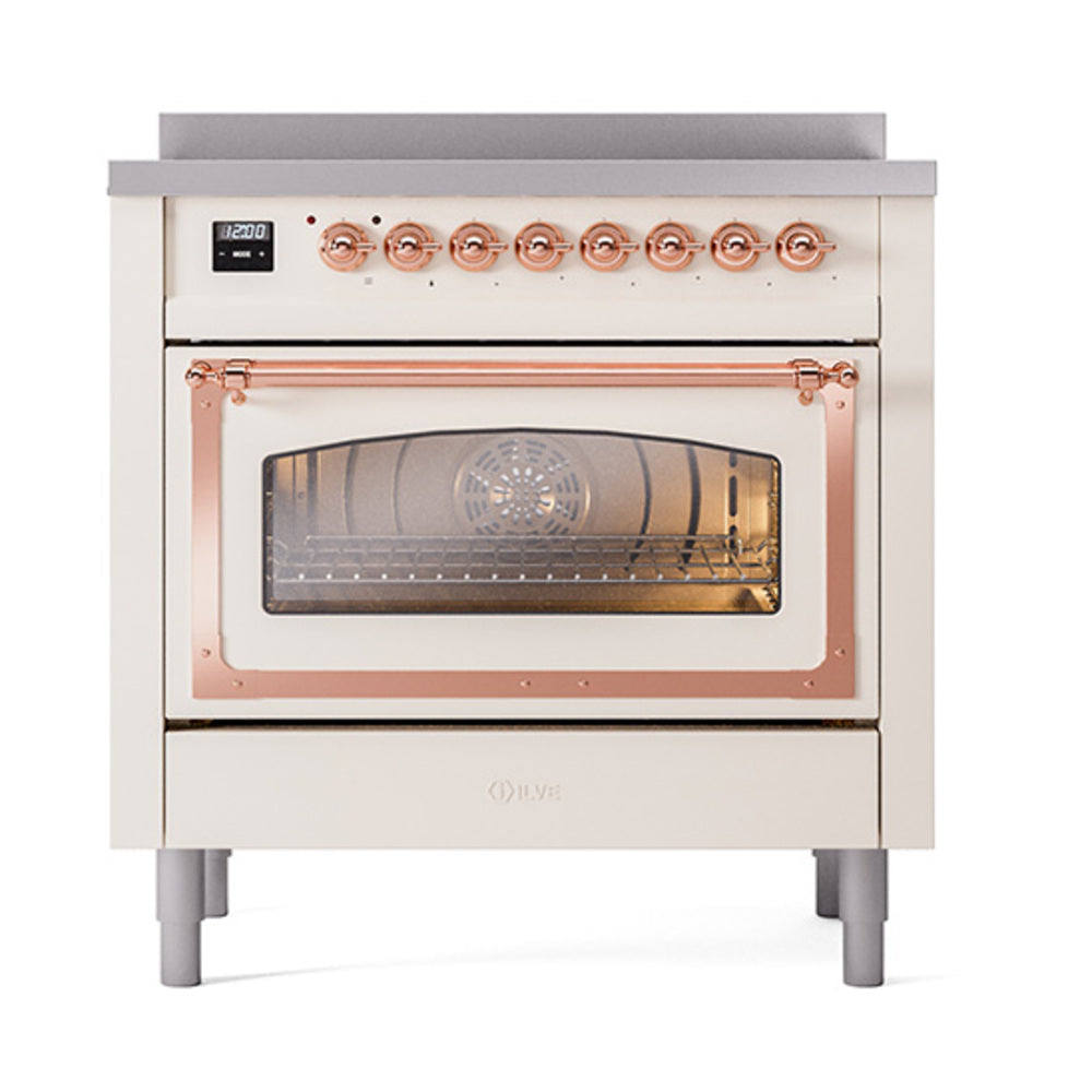 ILVE Nostalgie II Noblesse 36-Inch Induction Range, Triple Glass Door Oven, Antique White with Copper Trim (UNI366NMPAWP)