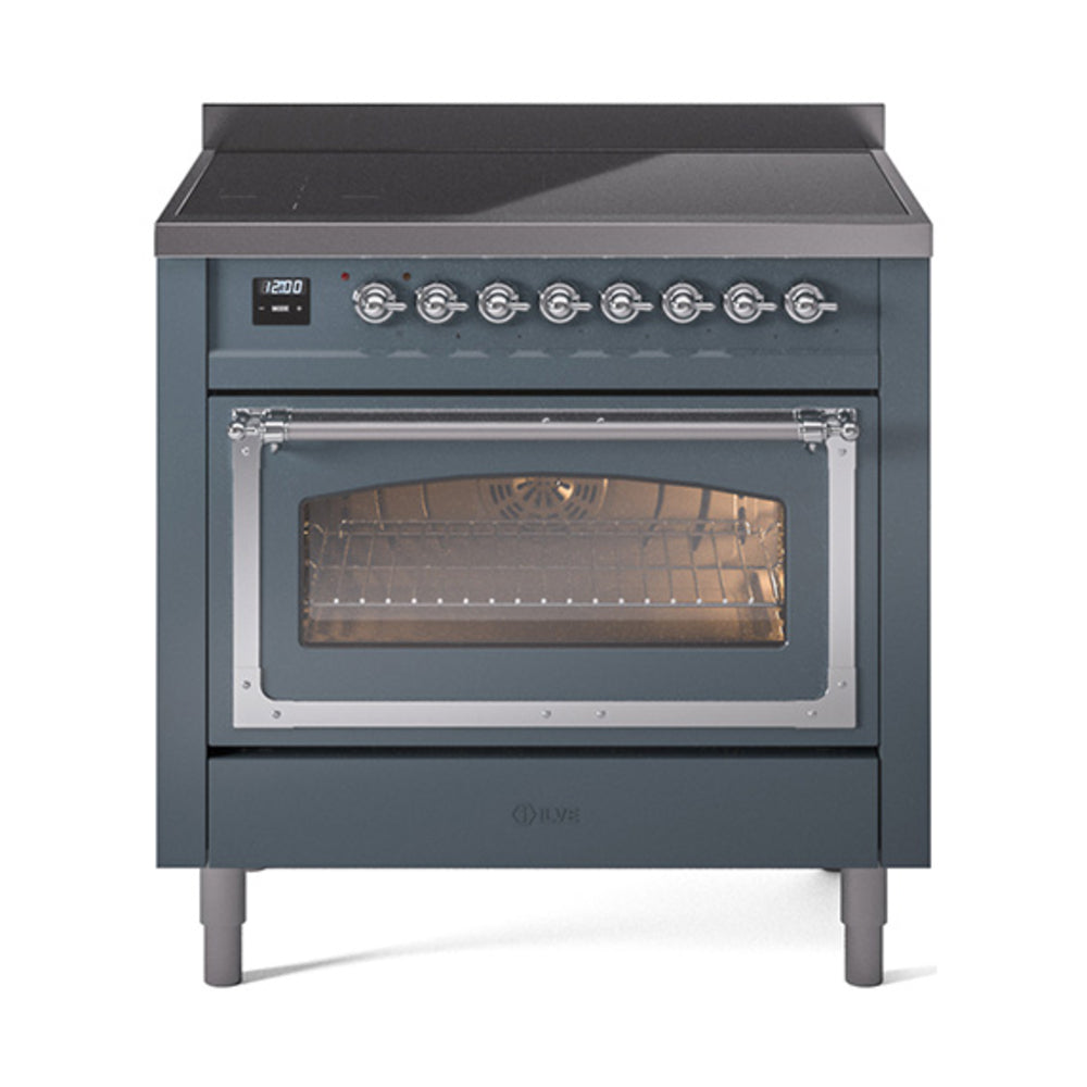 ILVE Nostalgie II Noblesse 36-Inch Induction Range, Triple Glass Door Oven, Blue Grey with Chrome Trim (UNI366NMPBGC)