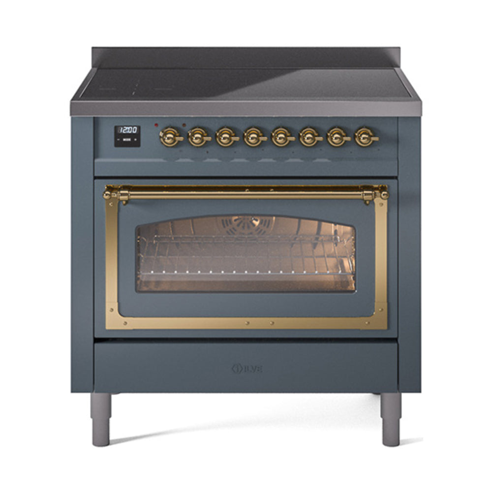 ILVE Nostalgie II Noblesse 36-Inch Induction Range, Triple Glass Door Oven, Blue Grey with Brass Trim (UNI366NMPBGG)