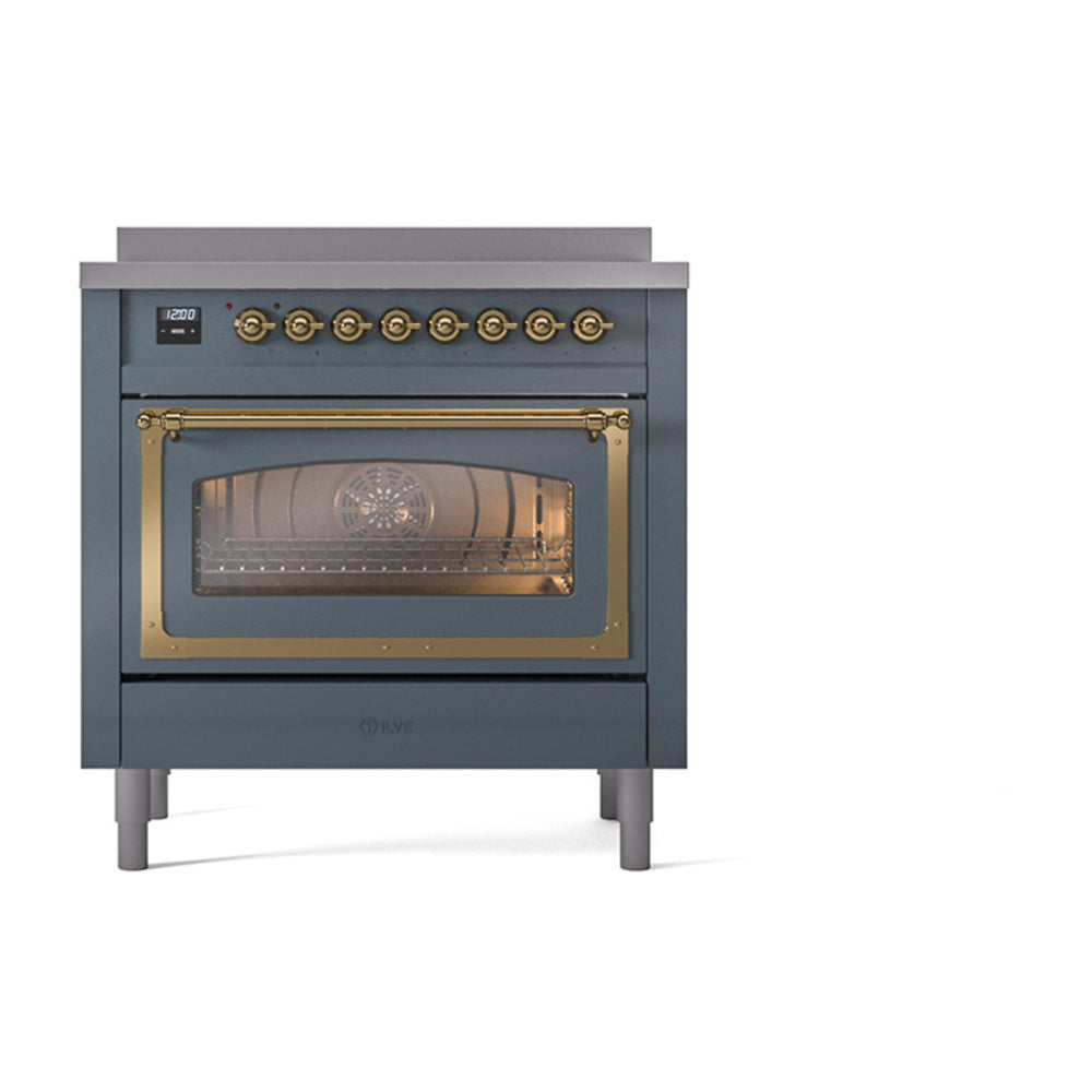 ILVE Nostalgie II Noblesse 36-Inch Induction Range, Triple Glass Door Oven, Blue Grey with Brass Trim (UNI366NMPBGG)